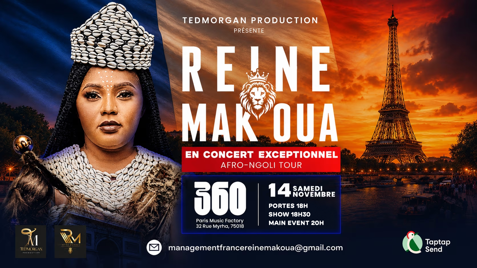 Reine Makoua au 360 le 14 novembre 2026. Ouverture des portes à 18h, début du show à 18h30, main event à 20h.